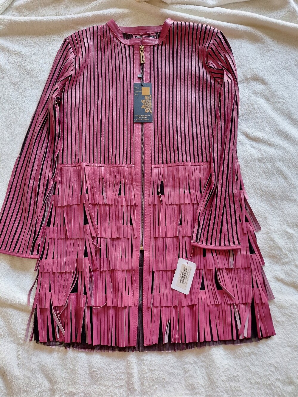 Dakota West Pink Fringe Leather Mesh Jacket Shrug Large NWT August Brock